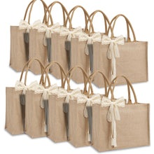 Small 6pcs Burlap Tote Bag Set with Handles, 11*9.45*3.94 Inch Waterproof Reusable Blank Grocery Bags with Ribbon Large Jute Tote for Women Bridesmaid Gift Beach Shopping Wedding Travel DIY