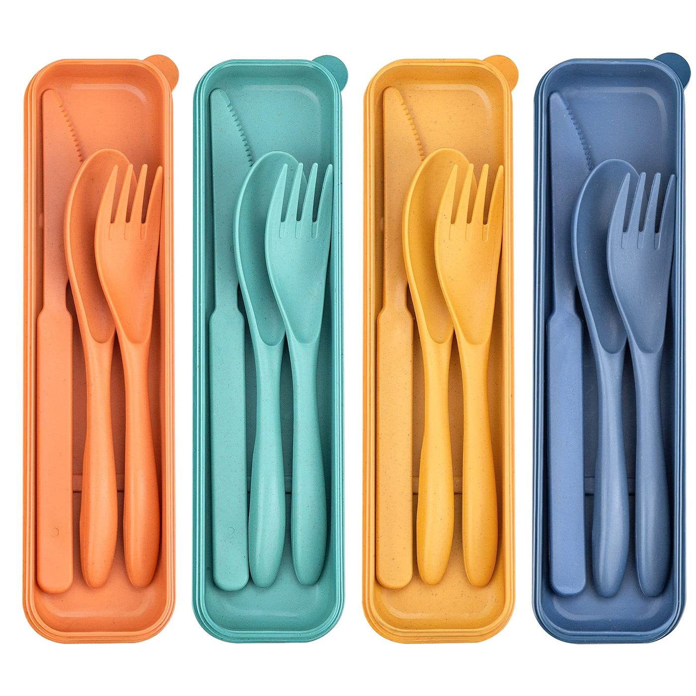 DISSKNIC Reusable Travel Utensils with Case, 4 Sets Wheat Straw Portable Cutlery Set Chopsticks Knives Fork and Spoon for Lunch Box Accessories, Camping Flatware Sets for Daily Use or Outdoor