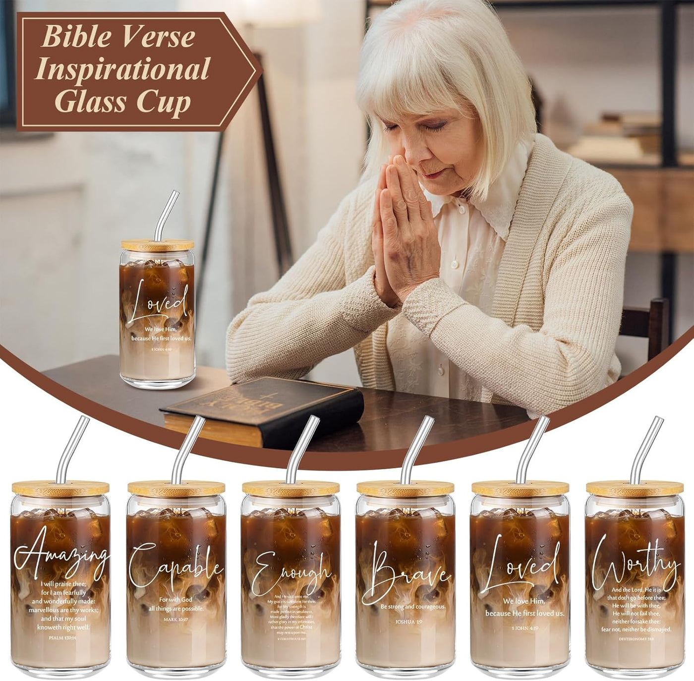 AmazingSpark 18 Pcs Fathers Day Christian Gift Bulk for Men Women 16 Oz Glass Cups with Lid Straw Bible Notebook Leather Prayer Journal with Pen Religious Gift for Church Member (Bible Words,Brown)