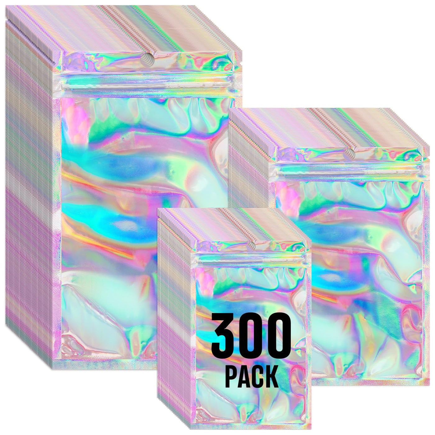 Funfery 300 Pack 3 Size Mylar Holographic Bags with Clear Window,Resealable Bag Smell Proof Bags Zipper Foil Baggie Packaging Pouch for Food Storage,Sample,Small Business(Black,3x4.7,4x6,4.7x7.9in)