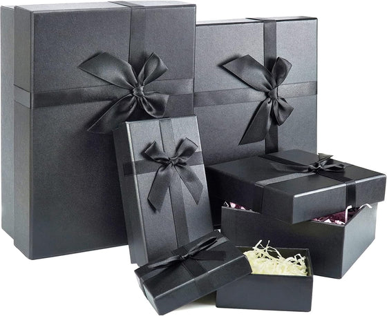 Gift Boxes with Lids for Presents, Set of 5 Black Gift Boxes, Pre-warpped Nesting Boxes for Gifts, Luxury Gift Box for Father's Day, Anniversaries, Birthdays,Weddings, etc.