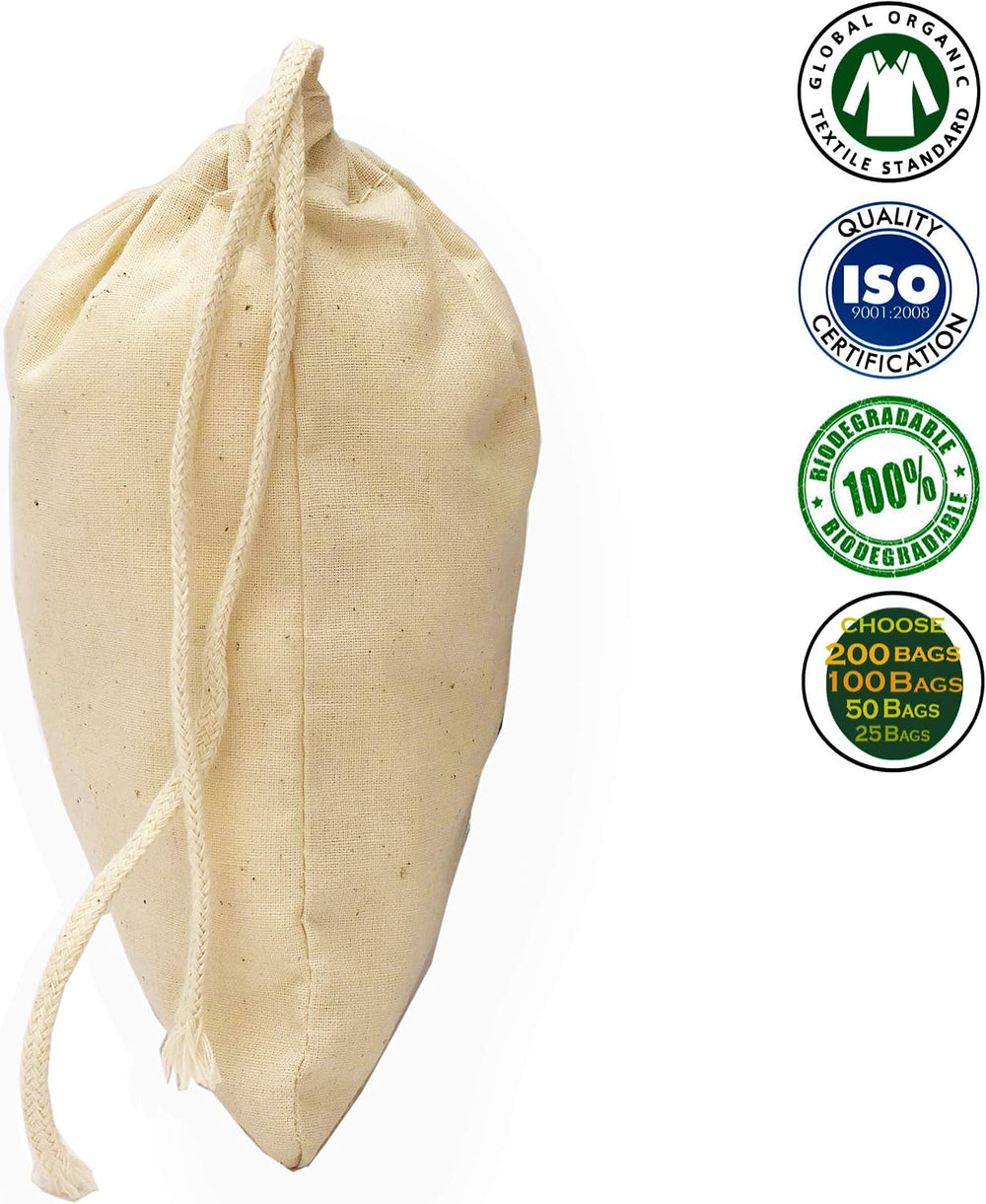 Natural Cotton Reusable Produce Muslin Bags – Multipurpose Drawstring Storage Pouch for Everyday Use (25, 2x3)