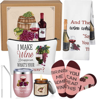 Sieral 7 Pack Wine Gifts Baskets for Women Include Stainless Steel Tumbler Scented Candle Kitchen Towel Crew Sock Makeup Bag Raffia Box Birthday Gift for Wine Lover Friend Sister Wife Mother Coworker