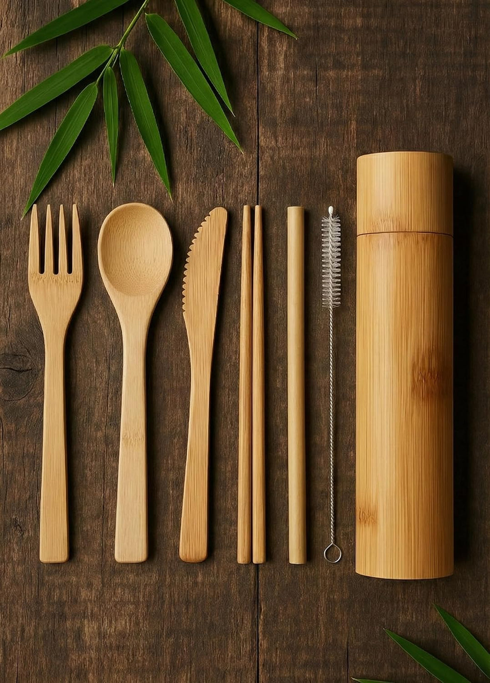 Eco-Friendly Travel Utensils Set: Lightweight Bamboo Forks, Spoons, Knives, Chopsticks, Straw in Wooden Case, Reusable Utensils for Lunch Box, Kids Camping Cutlery, Sustainable Portable Flatware