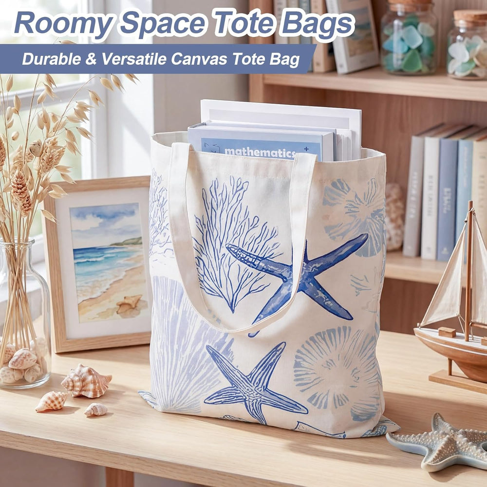 Reginary 6 Pcs Coastal Canvas Tote Bags with Pocket Summer Beach Themed Gifts Blue Seashell Starfish Conch Coral Pattern