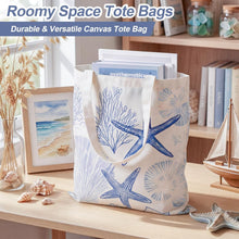 Reginary 6 Pcs Coastal Canvas Tote Bags with Pocket Summer Beach Themed Gifts Blue Seashell Starfish Conch Coral Pattern