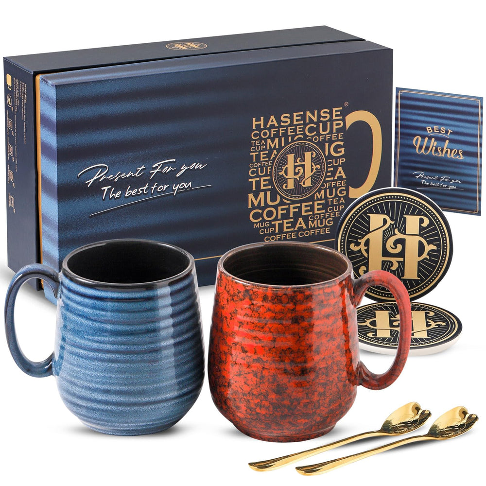 HASENSE Coffee Mugs Gift Set, 20 oz Ceramic Coffee Cups for Men and Women, Premium Large Tea Cups Gift Box with Coaster & Gold Spoon, Blue Couple Mugs for Wedding Holiday