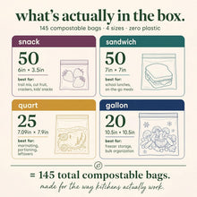 Compostic Compostable Sandwich Bags, Snack Bags, Quart & Gallon Food Storage Bags Variety Pack (145 Count) — Resealable Zip-Seal, Plant-Based, Freezer & Microwave Safe, Non-Toxic, BPA-Free, GMO-Free