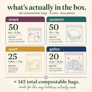 Compostic Compostable Sandwich Bags, Snack Bags, Quart & Gallon Food Storage Bags Variety Pack (145 Count) — Resealable Zip-Seal, Plant-Based, Freezer & Microwave Safe, Non-Toxic, BPA-Free, GMO-Free