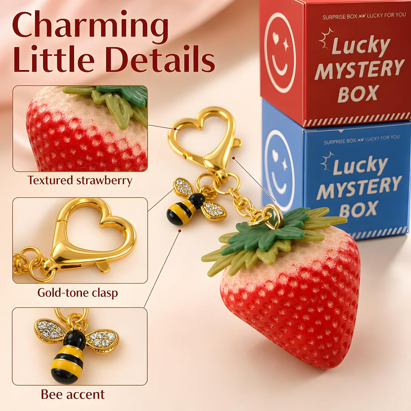 2 Pack Strawberry Bag Charm Lucky Mystery Box, Cute Fruit Blind Box Keychain Set Surprise Gift for Women Girls, Big Strawberry with Bee Pendant with 2 Surprise Boxes(Red & Pink)