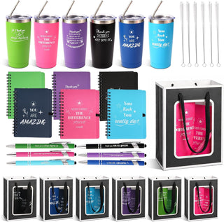 6 Set/36 Pcs Teacher Employee Appreciation Gifts Bulk - 20 Oz Insulated Tumblers, Steel Straw & Cleaner, Gift Bag, Inspirational Notebook, Motivational Pen - Thank You Gift for Coworker, Nurses