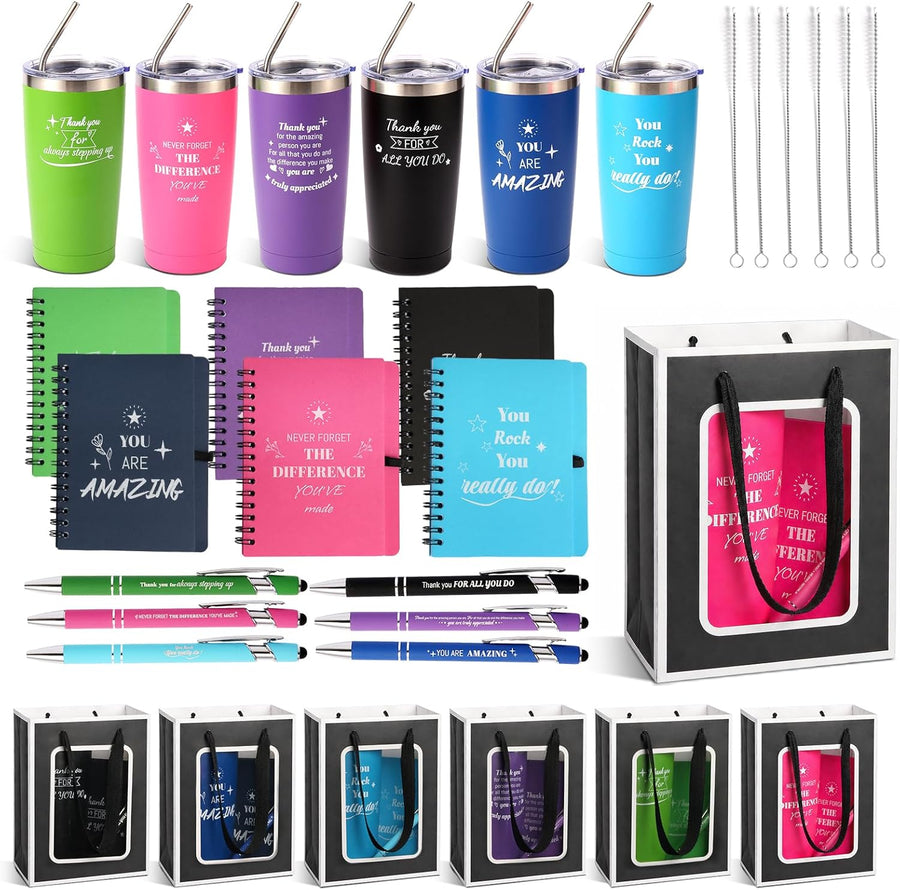 6 Set/36 Pcs Teacher Employee Appreciation Gifts Bulk - 20 Oz Insulated Tumblers, Steel Straw & Cleaner, Gift Bag, Inspirational Notebook, Motivational Pen - Thank You Gift for Coworker, Nurses