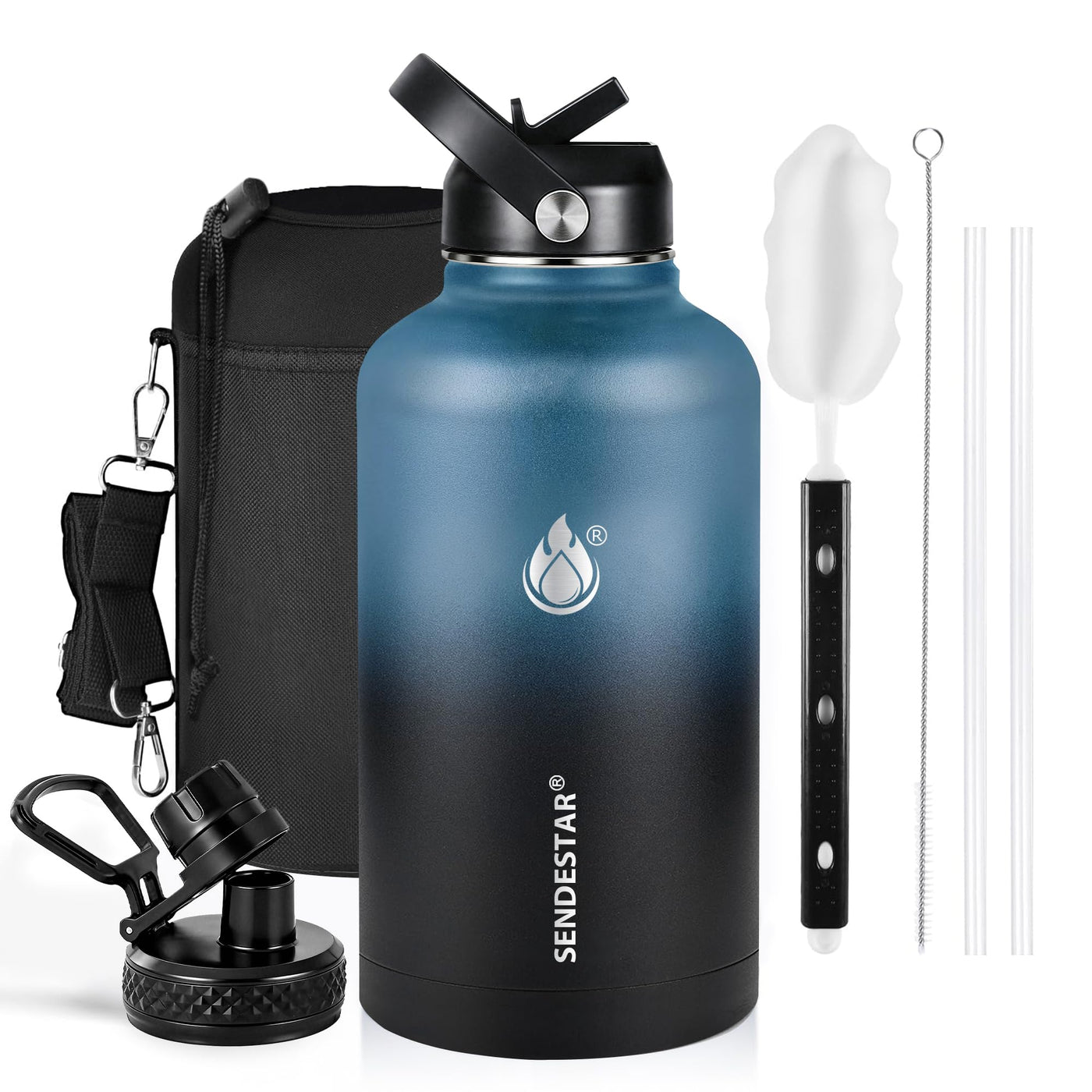 SENDESTAR Water Bottle 32oz Double Wall Vacuum Insulated Leak Proof Stainless Steel Sports Water Bottle—Wide Mouth with New Flex Straw Lid & Spout Lid (Deep Blue&Black)
