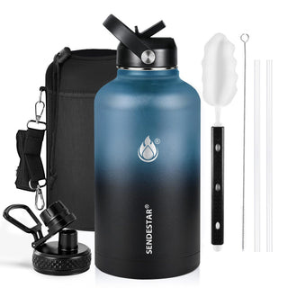SENDESTAR Water Bottle 32oz Double Wall Vacuum Insulated Leak Proof Stainless Steel Sports Water Bottle—Wide Mouth with New Flex Straw Lid & Spout Lid (Deep Blue&Black)