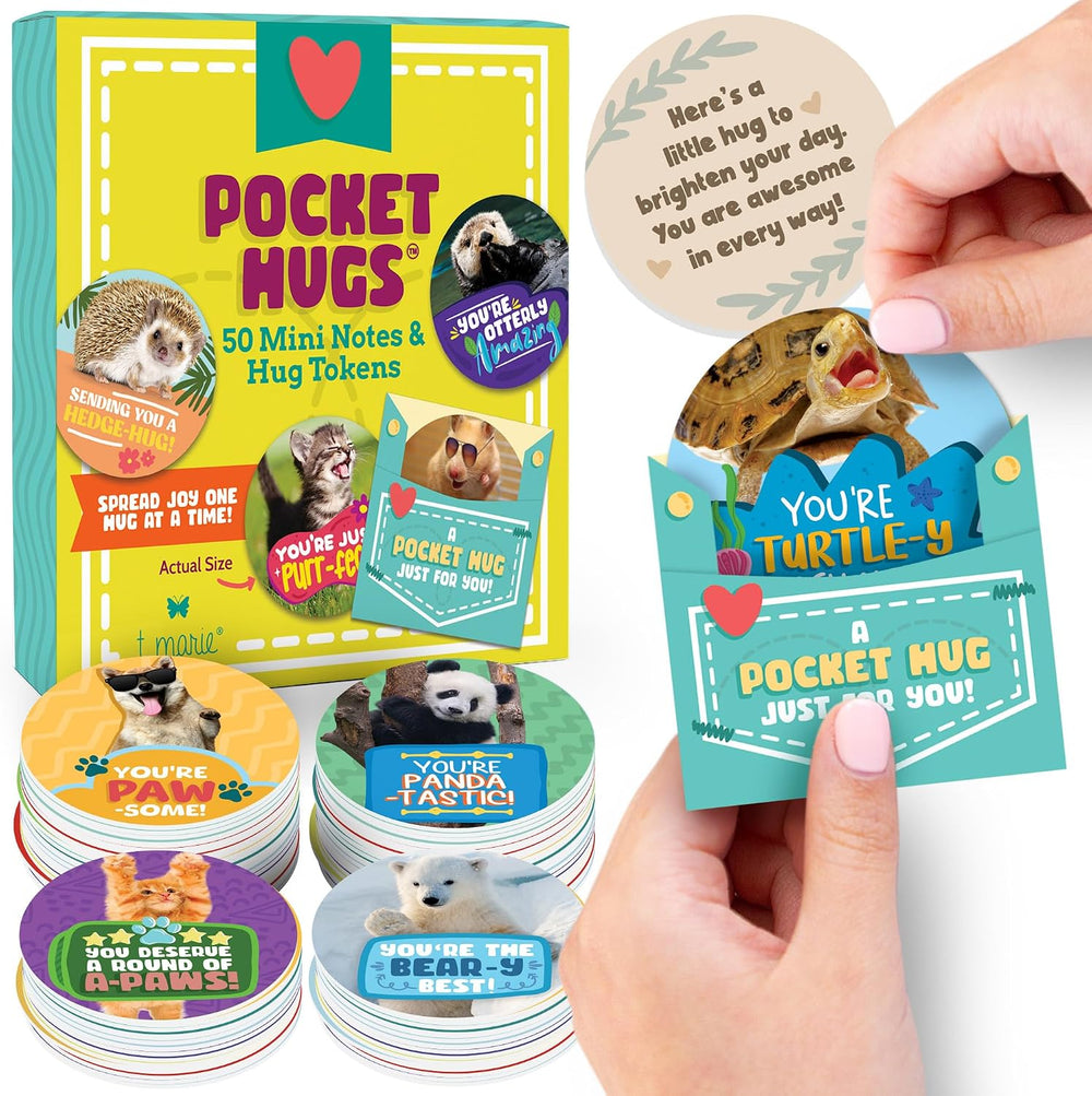 T MARIE 50 Pocket Hugs with Envelopes - 2.5” Mini Cards Tokens of Positivity and Appreciation - Positive Affirmation Gifts for Kids, Grandkids, Friends, Students, Teachers, Random Acts of Kindness