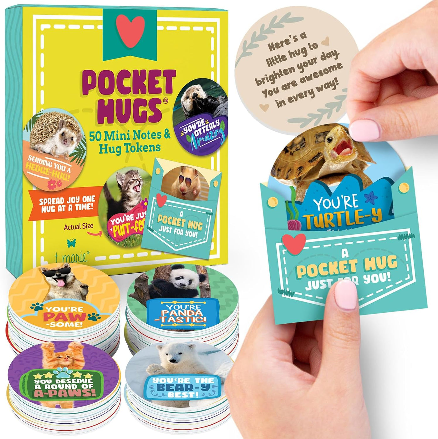T MARIE 50 Pocket Hugs with Envelopes - 2.5” Mini Cards Tokens of Positivity and Appreciation - Positive Affirmation Gifts for Kids, Grandkids, Friends, Students, Teachers, Random Acts of Kindness