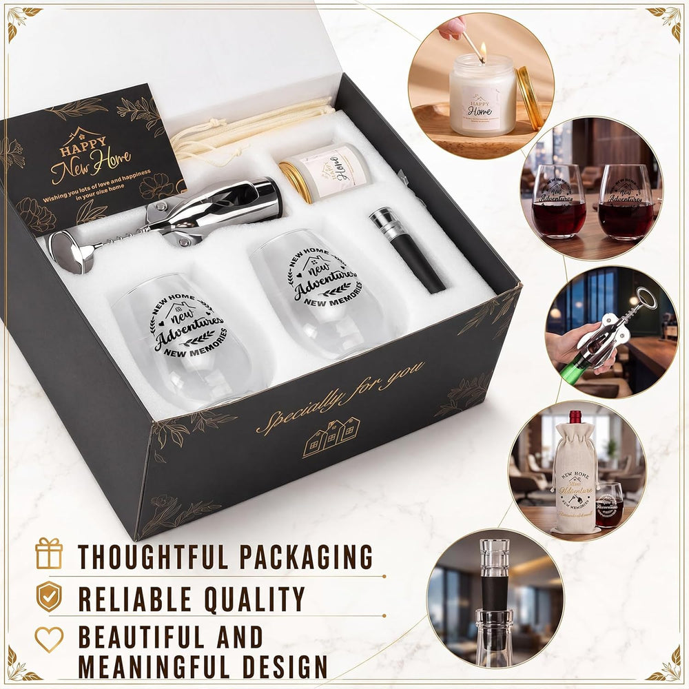 House Warming Gifts New Home - Housewarming Gift Baskets Wine Glasses Candle Bottle Bag Wine Opener and Stopper Card Home Buyer Closing Gift for Women Men Couple New House Apartment Presents