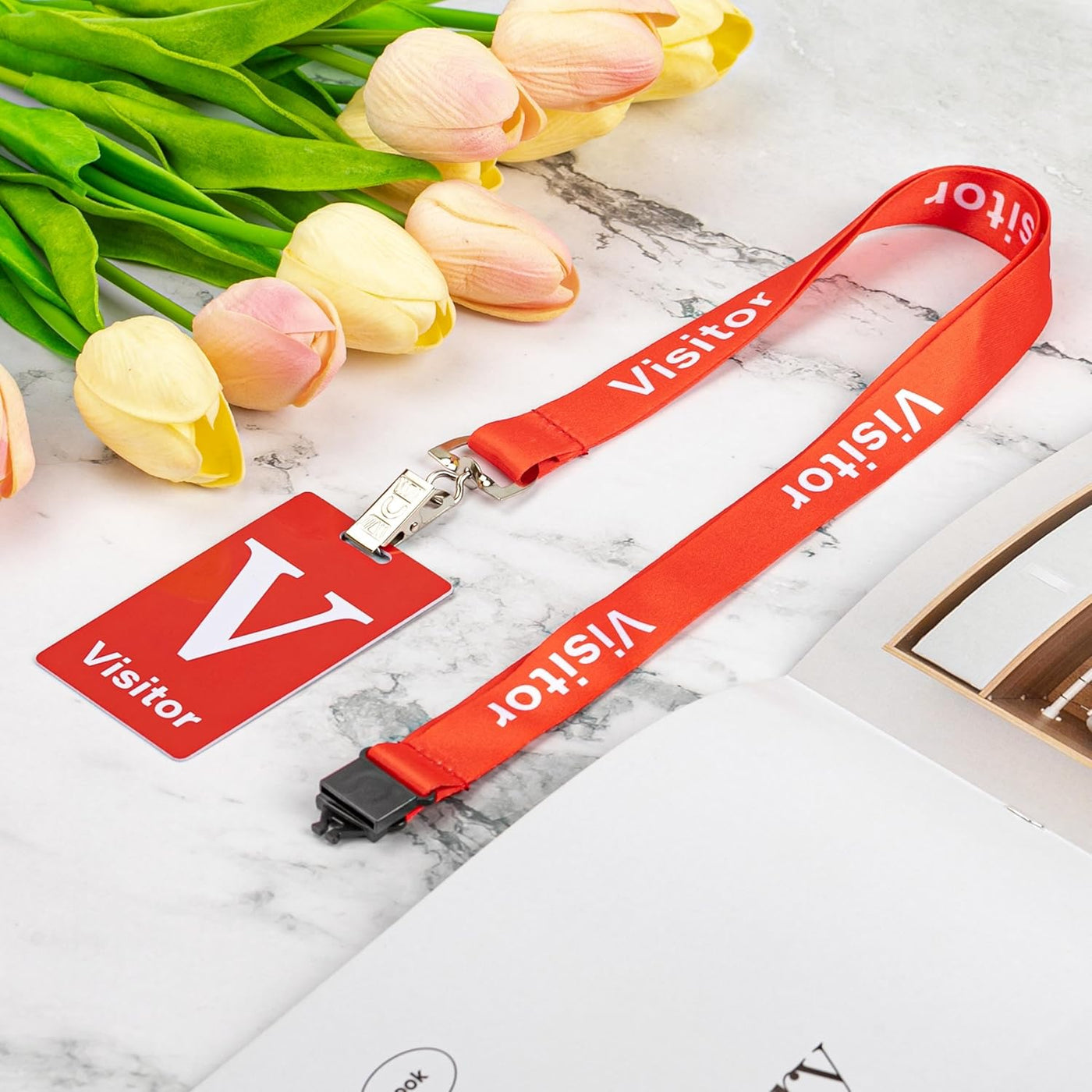 25 Sets Visitor Badge Lanyard with Clips Breakaway Reusable Temporary PVC Pass Card for Event Fundraising Company Exhibition Guest School Activities 3.54 x 2.13inch Red