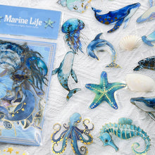 Cute Marine Life Gold-Embossed Waterproof Stickers for Water Bottle, 50PCS Cool Marine Creatures Transparent Stickers Pack for Laptop, Scrapbook, Ocean Animal Blue Golden Decals Gift
