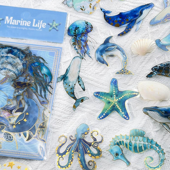 Cute Marine Life Gold-Embossed Waterproof Stickers for Water Bottle, 50PCS Cool Marine Creatures Transparent Stickers Pack for Laptop, Scrapbook, Ocean Animal Blue Golden Decals Gift