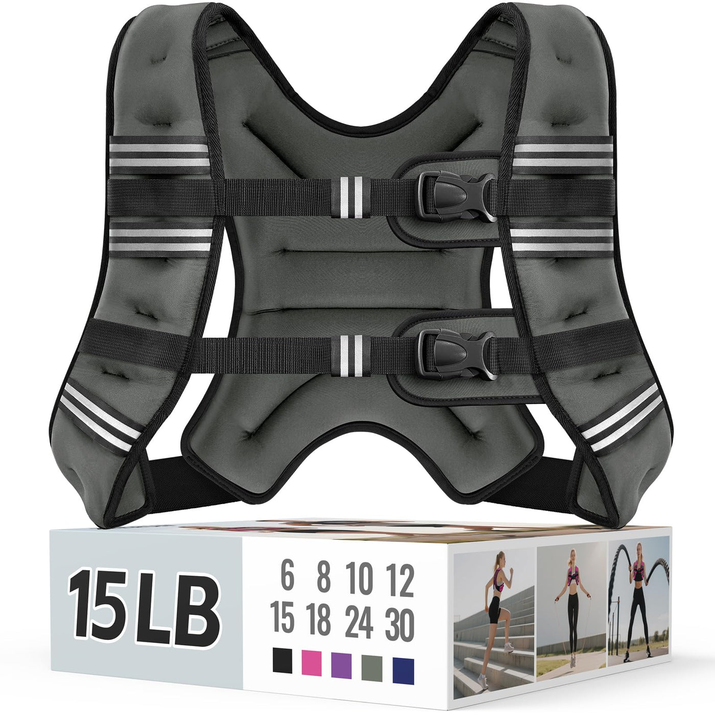 Zeerun Weighted Vest, 6lb/8lb/10lb/12lb/15lb/18lb/20lb/24lb/30lb for Men Women, Reflective Stripe Adjustable Buckle, Comfortable Durable Rucking Vest for Walking Running Strength Training