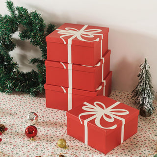 Soul & Lane Christmas Square Decorative Boxes with Lids - Set of 4 - Festive Red, Reusable Large Nesting Holiday Gift Boxes for Presents and Décor