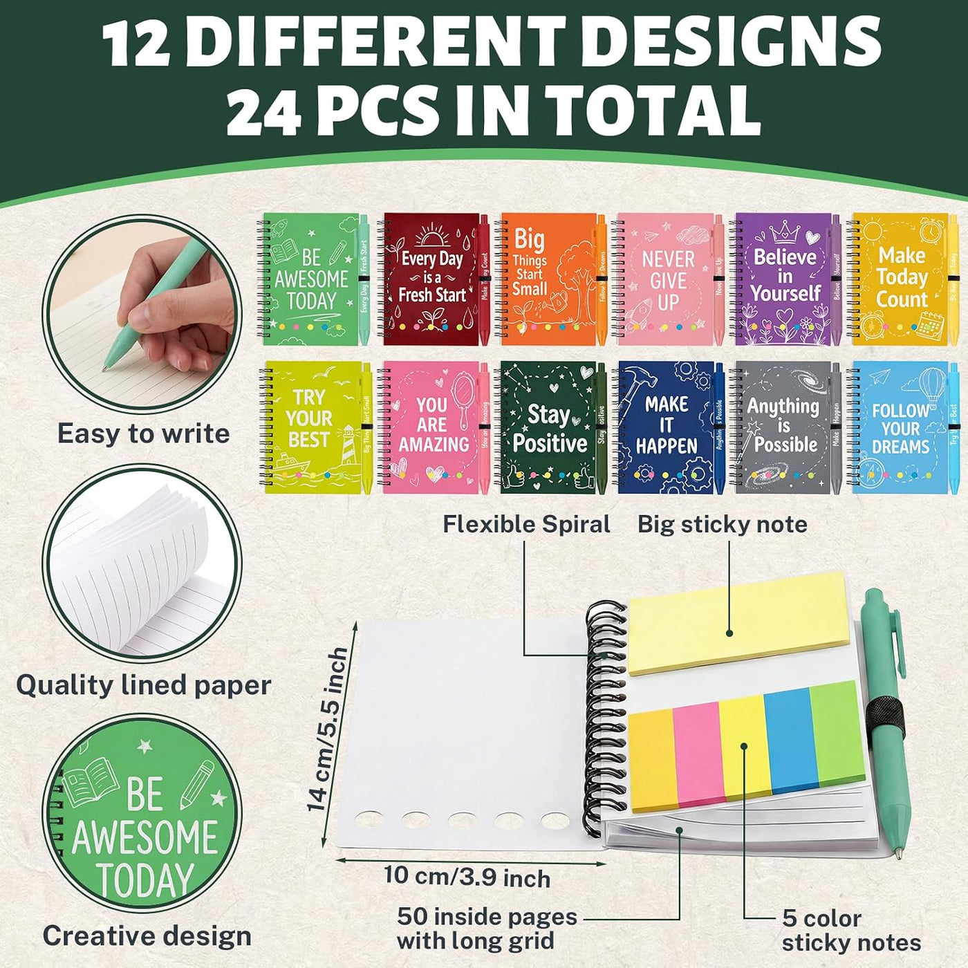 48 Pcs Motivational Gifts Bulk, Colorful Inspirational Notebooks with Matching Pens & Sticky Notes, Back to School Journals for Kids, Classrooms, Teachers, Team Building (5.5 x 4.7 Inch)