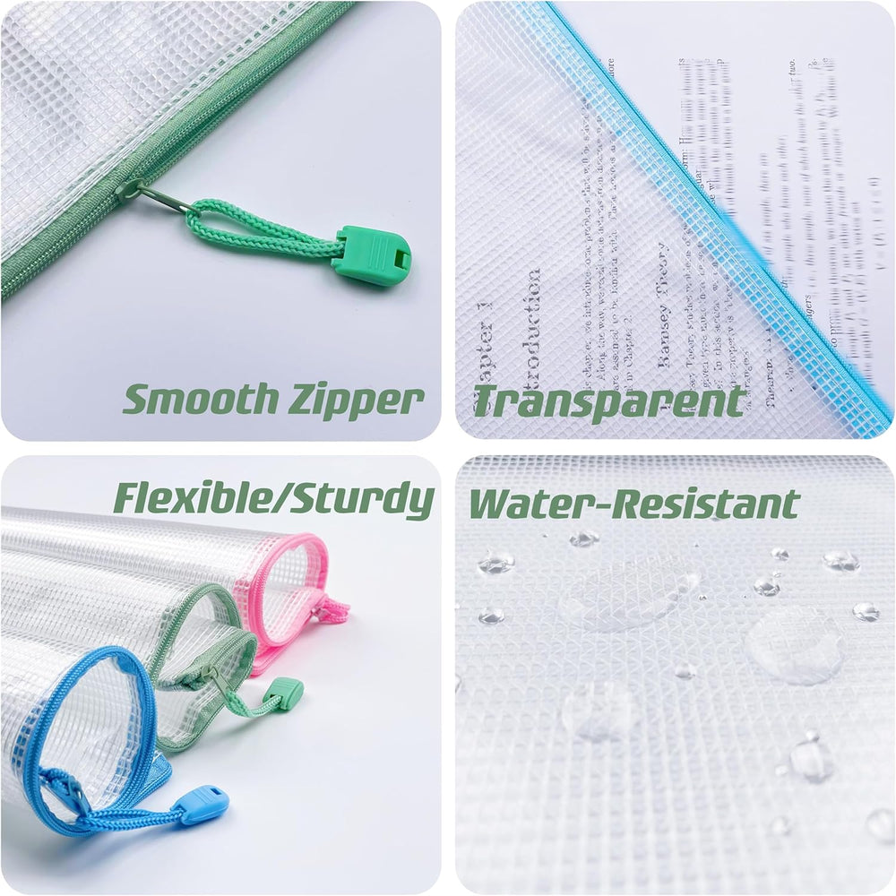A4(9"x 13")-Mesh Zipper Pouch Plastic Zipper File Zip Document Folders for Office Supplies Travel Bags,6-Pcs,Multicolor