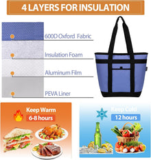 Insulated Cooler Bag, Reusable Grocery Bags for Hot/Cold Food, Thermal Food Delivery Bag for Beach, Travel, Picnics