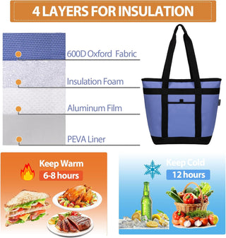 Insulated Cooler Bag, Reusable Grocery Bags for Hot/Cold Food, Thermal Food Delivery Bag for Beach, Travel, Picnics