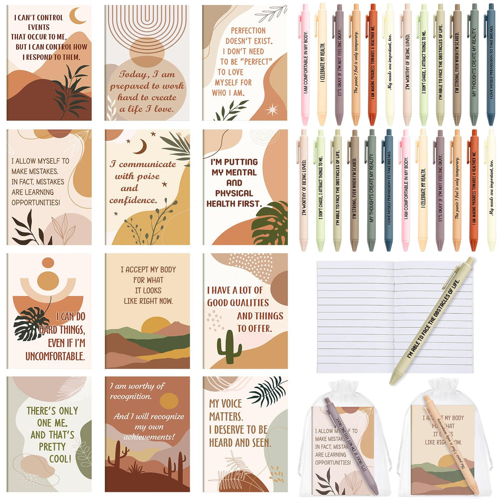 Mooliwe 24 Pcs Positive Affirmation Gift Set Gratitude Notebooks with Pens Small Bags Motivational Encouragement Notepads Daily Affirmations Journal for Women Stress Relief Self Care (Watercolor)