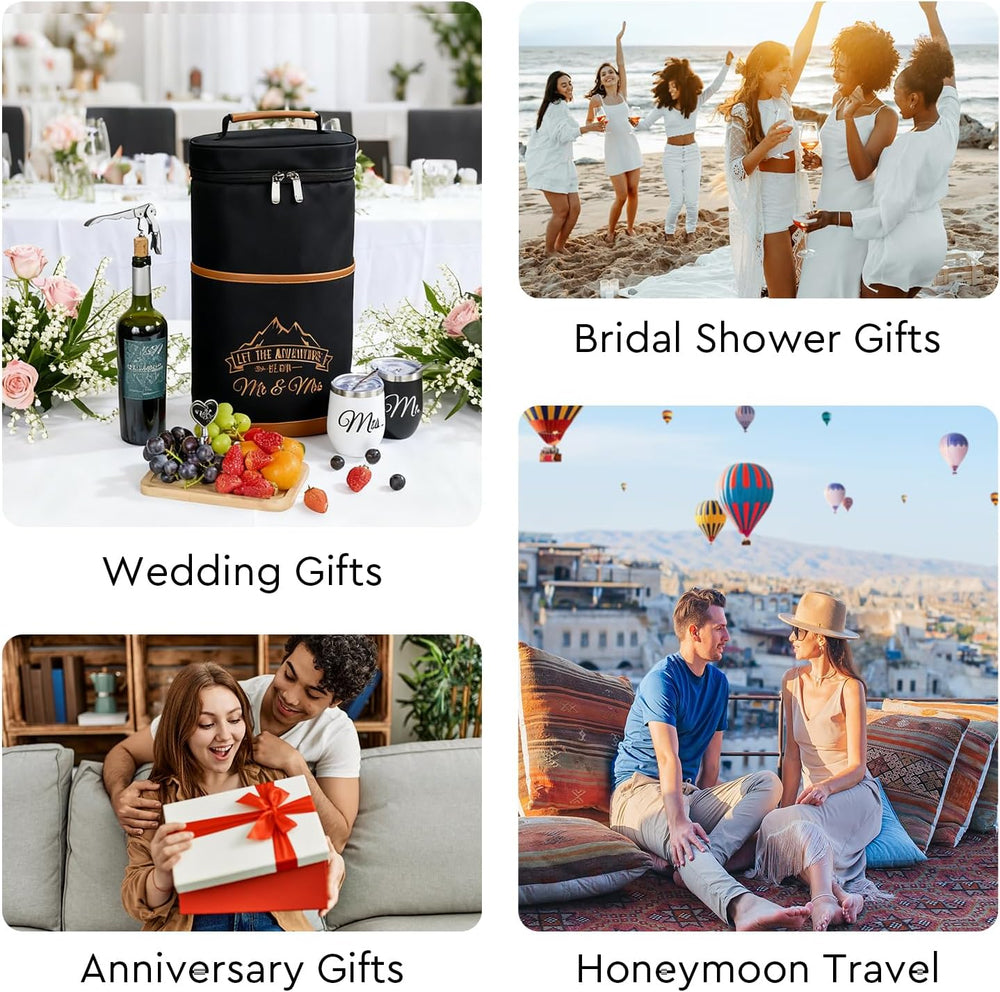 AW BRIDAL Mr and Mrs Gifts Bridal Shower Gifts His and Hers Gifts Wedding Gifts, Couple Engagement Gifts- Wine Gift Bag Wine Cooler Bag Insulated Wine Carrier Tote with Tumblers, Black C