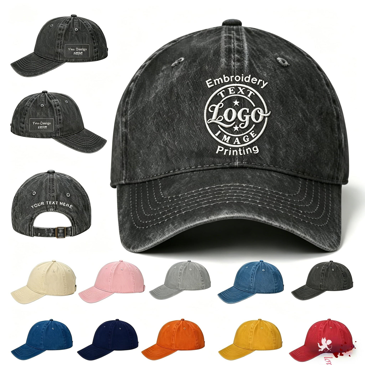 Bulk Custom Hat - Personalized Embroidered & Printed Baseball Cap to Text/Logo, Soft Washed Cotton Breathable Adjustable