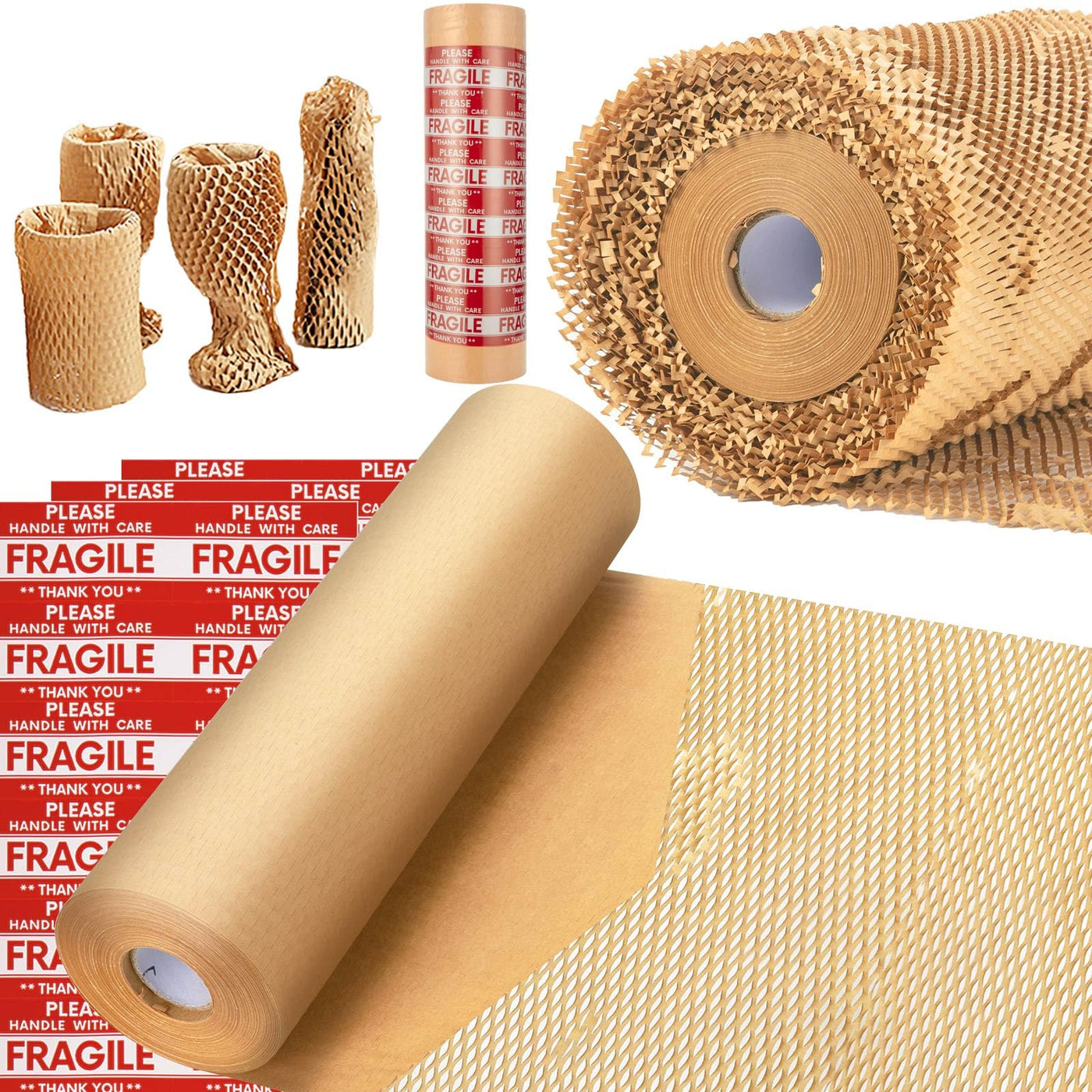 Honeycomb Packing Paper, MINHAO 15"x230' Eco Friendly Packing Paper for Moving Recyclable Honeycomb Paper Moving Supplies Bubble Paper Wrapping Protective Roll, With 36 Fragile Sticker Labels