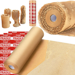 Honeycomb Packing Paper, MINHAO 15"x230' Eco Friendly Packing Paper for Moving Recyclable Honeycomb Paper Moving Supplies Bubble Paper Wrapping Protective Roll, With 36 Fragile Sticker Labels