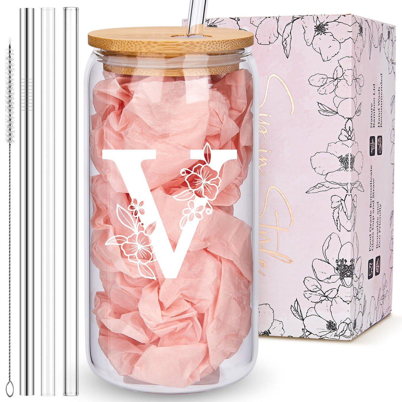 Personalized Tumbler, Monogrammed Can Glass Cups with Bamboo Lids and Straws, Customized Gifts for Women, Cute Design Initial Iced Coffee glasses, Custom Letter Mug, Birthday Bridesmaid, W