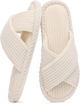 Evshine House Slippers for Women Memory Foam Bedroom Slippers Corduroy Open Toe Slides Shoes Indoor and Outdoor