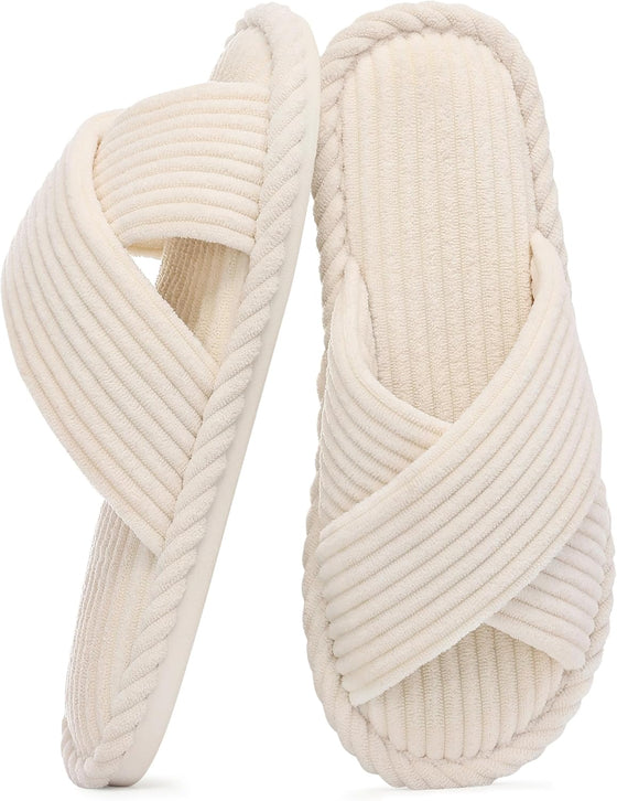 Evshine House Slippers for Women Memory Foam Bedroom Slippers Corduroy Open Toe Slides Shoes Indoor and Outdoor