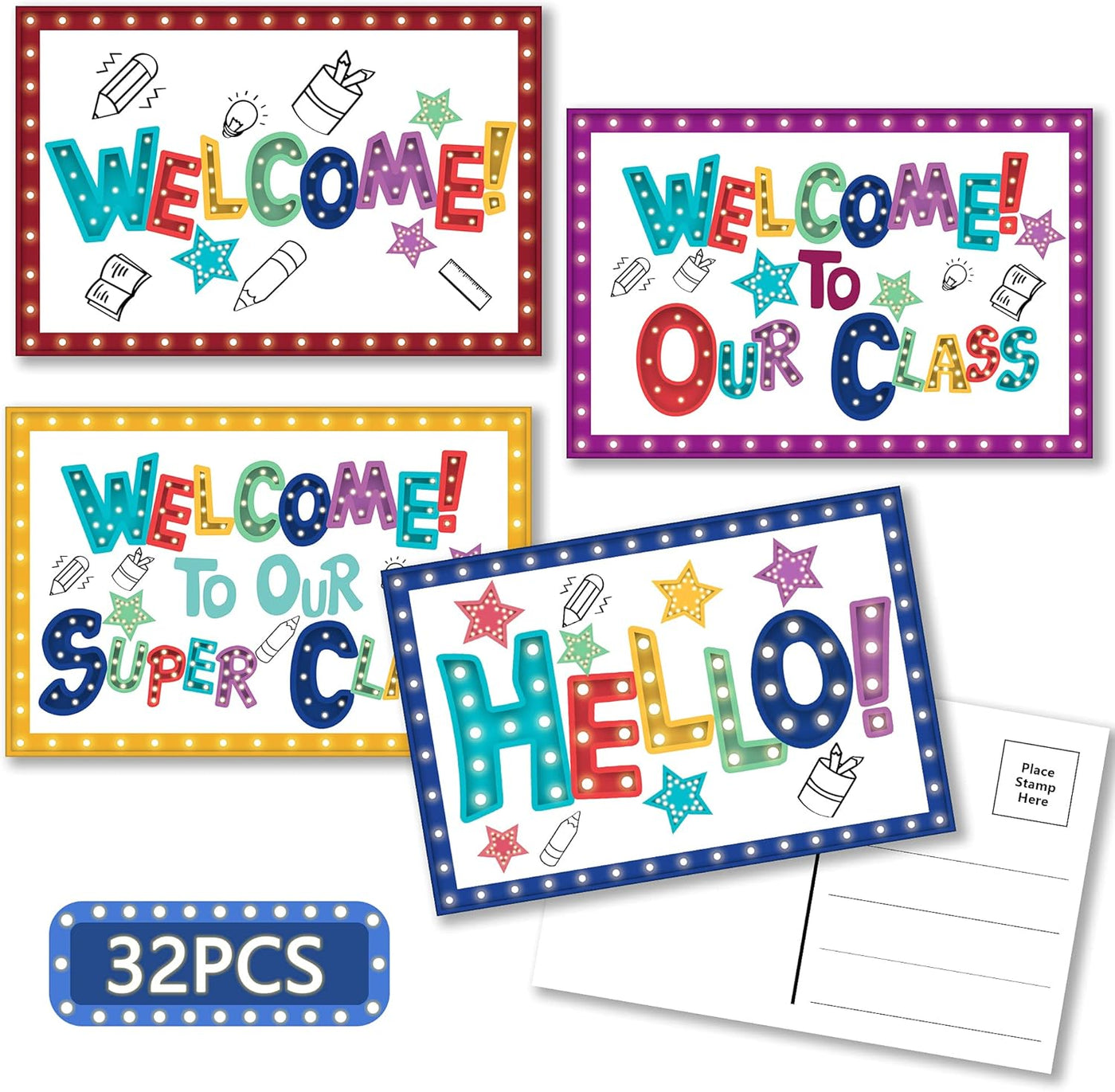 codree 32 Pieces Marquee Welcome Postcards, 4 x 6 Inch Welcome to Our Class Theme Postcard Welcomes Greeting Cards Encouragement Note Cards Teacher Postcards for Kids, 4 Designs