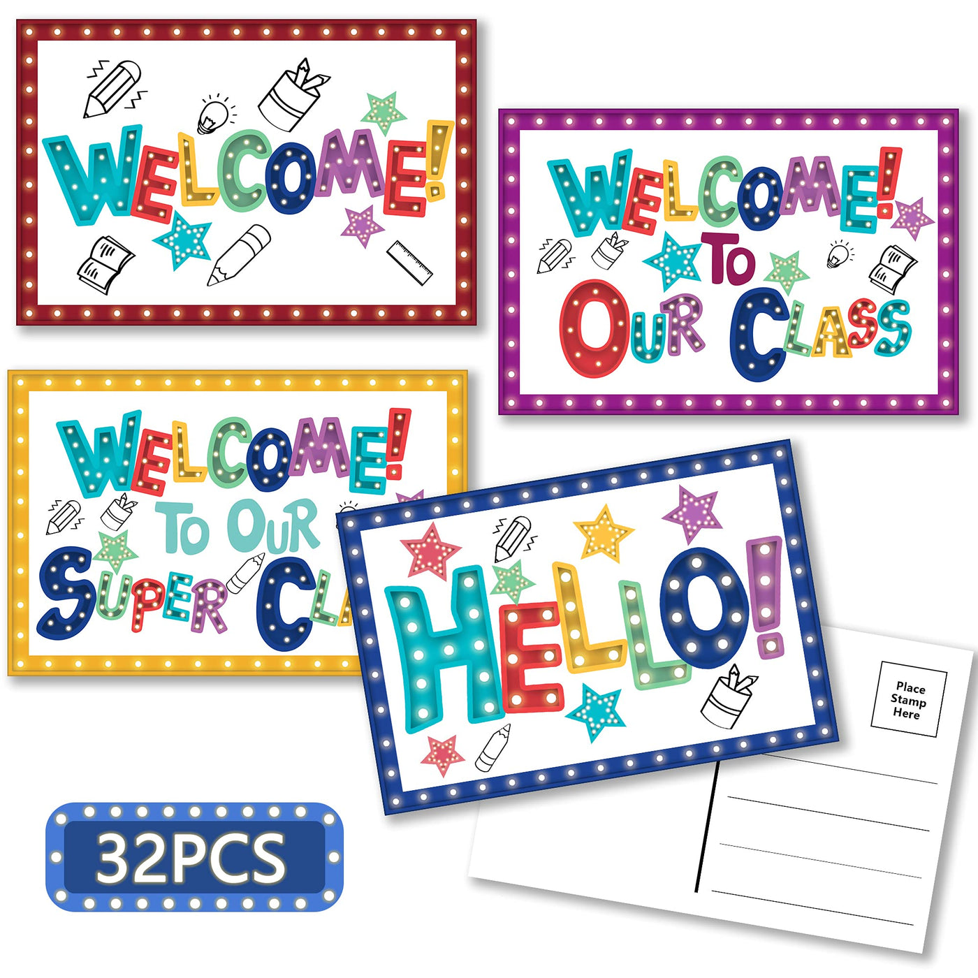 codree 32 Pieces Marquee Welcome Postcards, 4 x 6 Inch Welcome to Our Class Theme Postcard Welcomes Greeting Cards Encouragement Note Cards Teacher Postcards for Kids, 4 Designs