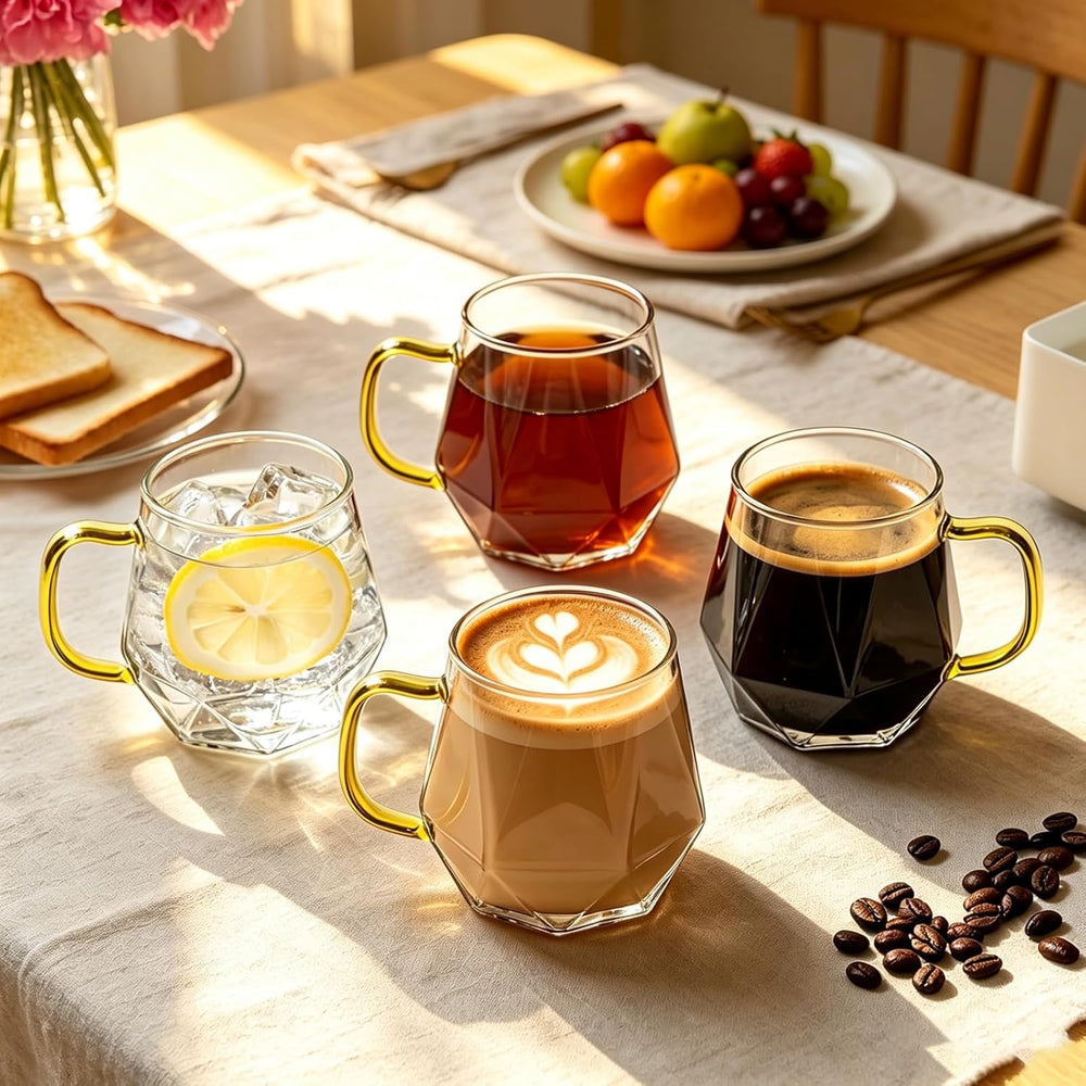 Glass Coffee Mugs with Gold Handle, Set of 2 Clear Geometric Glass Cups, 12 oz / 350 ml, Heat Resistant, Perfect for Latte, Cappuccino, Tea, Espresso Juice, Cocktails, Modern Kitchen & Barware