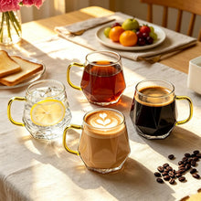 Glass Coffee Mugs with Gold Handle, Set of 2 Clear Geometric Glass Cups, 12 oz / 350 ml, Heat Resistant, Perfect for Latte, Cappuccino, Tea, Espresso Juice, Cocktails, Modern Kitchen & Barware