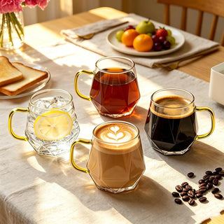 Glass Coffee Mugs with Gold Handle, Set of 2 Clear Geometric Glass Cups, 12 oz / 350 ml, Heat Resistant, Perfect for Latte, Cappuccino, Tea, Espresso Juice, Cocktails, Modern Kitchen & Barware
