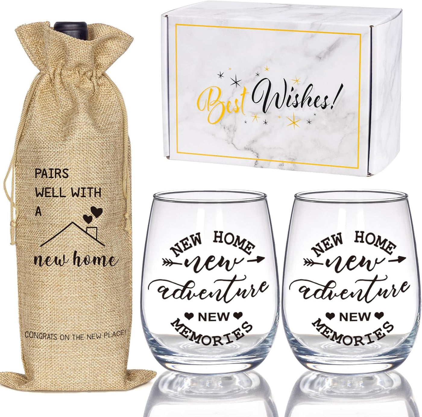 House Warming Gifts New Home, Housewarming Baskets Stemless Wine Glass & Bottle Bag Set for Newlywed Couple, Women, Friends, New Homeowner, Unique Closing Gift for Home Buyers, Clients