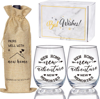 House Warming Gifts New Home, Housewarming Baskets Stemless Wine Glass & Bottle Bag Set for Newlywed Couple, Women, Friends, New Homeowner, Unique Closing Gift for Home Buyers, Clients