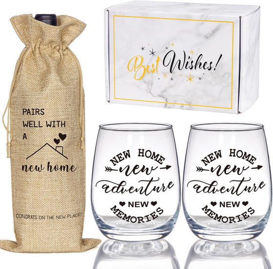 House Warming Gifts New Home, Housewarming Baskets Stemless Wine Glass & Bottle Bag Set for Newlywed Couple, Women, Friends, New Homeowner, Unique Closing Gift for Home Buyers, Clients
