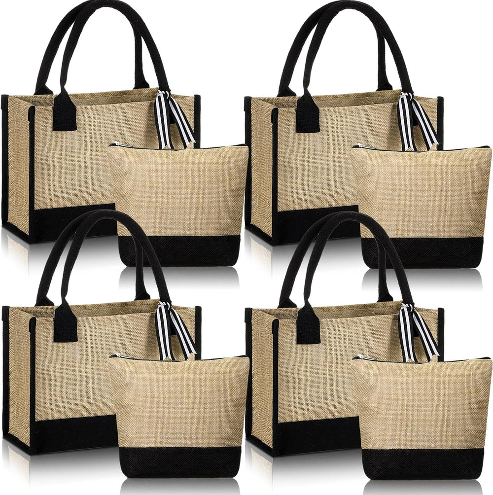 Sweetude 4 Set Jute Burlap Tote Bag with Canvas Makeup Pouch Reusable DIY Craft Blank Gift Bags for Wedding Bridesmaid(Simple,Black)