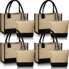 Sweetude 4 Set Jute Burlap Tote Bag with Canvas Makeup Pouch Reusable DIY Craft Blank Gift Bags for Wedding Bridesmaid(Simple,Black)