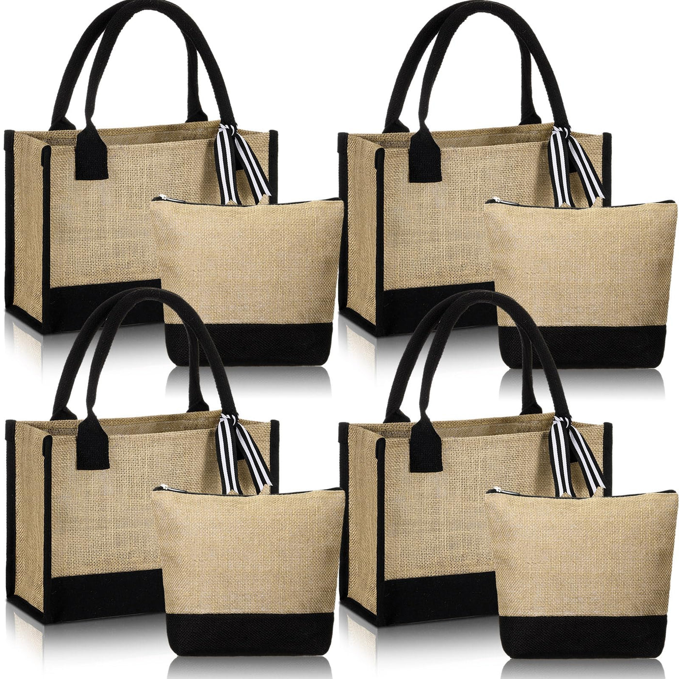 Sweetude 4 Set Jute Burlap Tote Bag with Canvas Makeup Pouch Reusable DIY Craft Blank Gift Bags for Wedding Bridesmaid(Simple,Black)