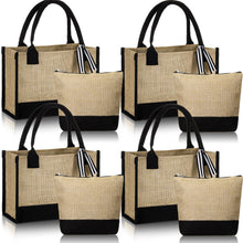 Sweetude 4 Set Jute Burlap Tote Bag with Canvas Makeup Pouch Reusable DIY Craft Blank Gift Bags for Wedding Bridesmaid(Simple,Black)